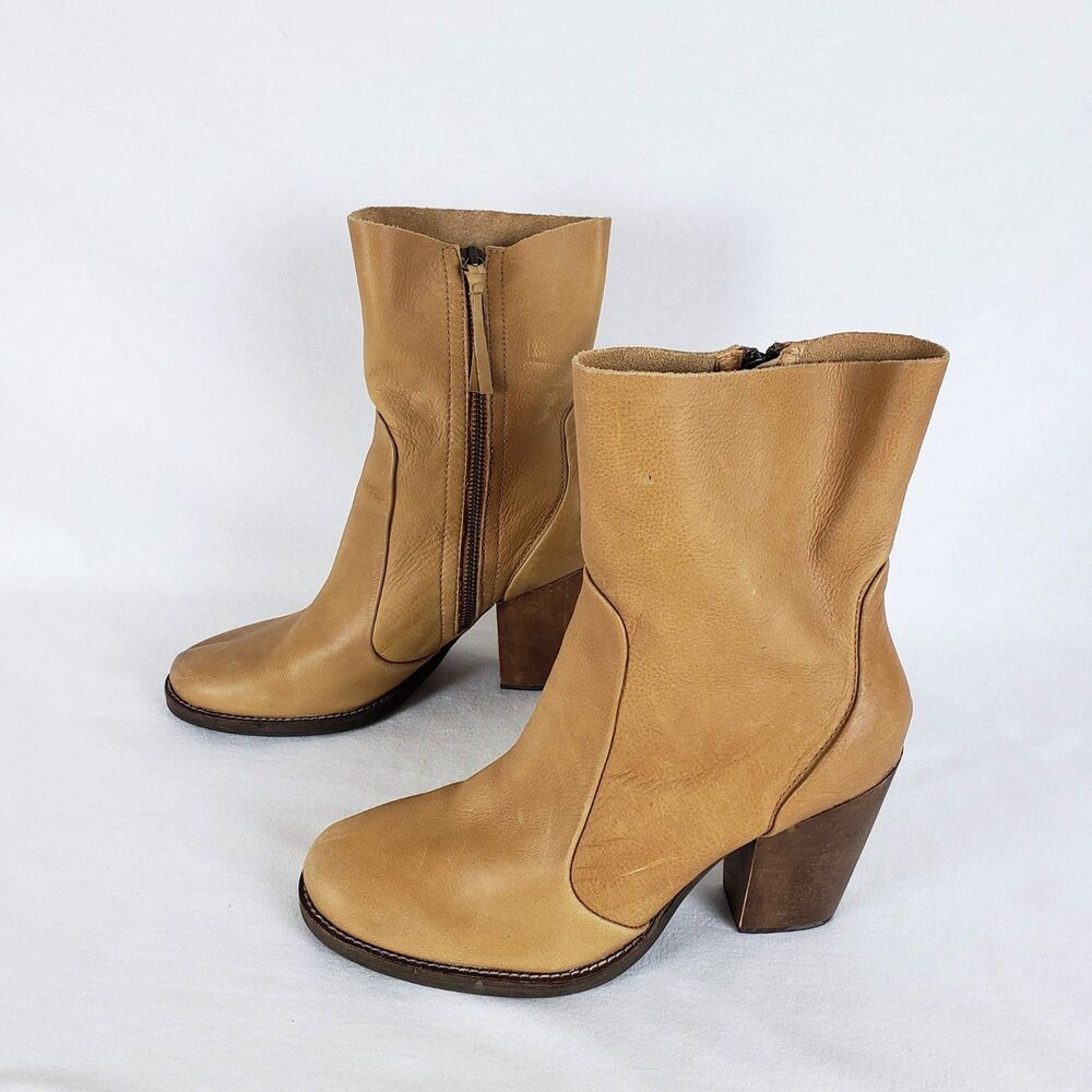 Latigo Minimalist Boho Earthy Leather Mid-Calf Boots Womens 10 Tan Block Heel